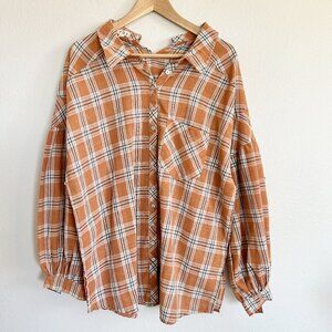 POL Shirt Oversize Plaid Tunic Split Collar Bishop Sleeve
